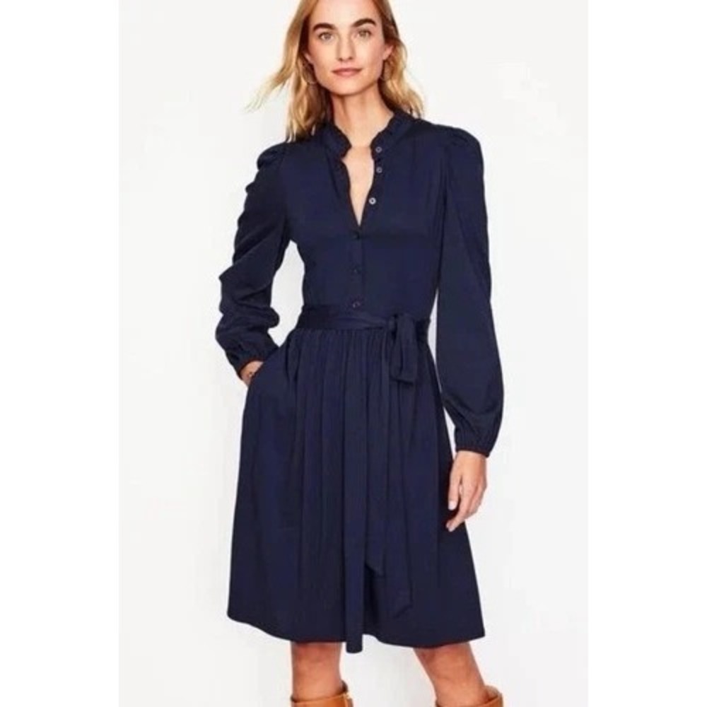 Boden Womens Willow Frill Short Shirt Dress Size 16-18R Navy Blue Tie Waist